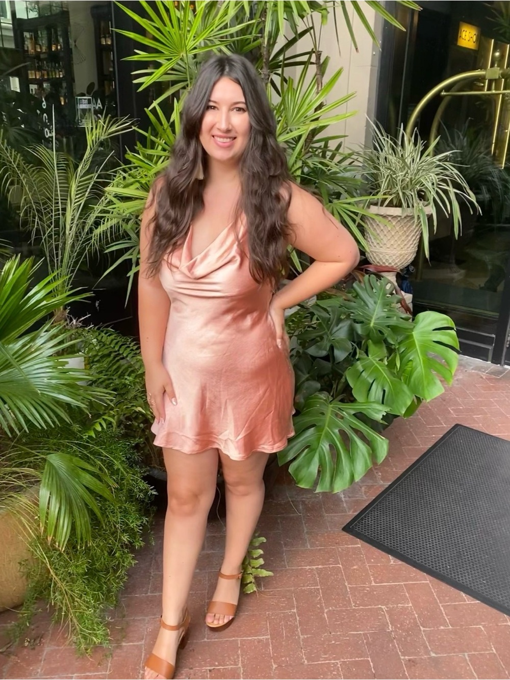Selfie Leslie Rose Gold Satin Halter Mini Dress